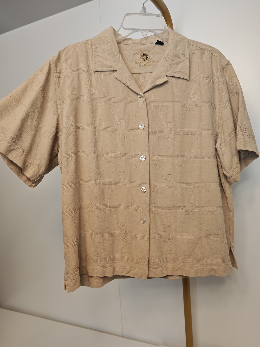 Oversized‎ Camp Button Up 100% Silk Saxophone Designs Tan Beige Large Vintage